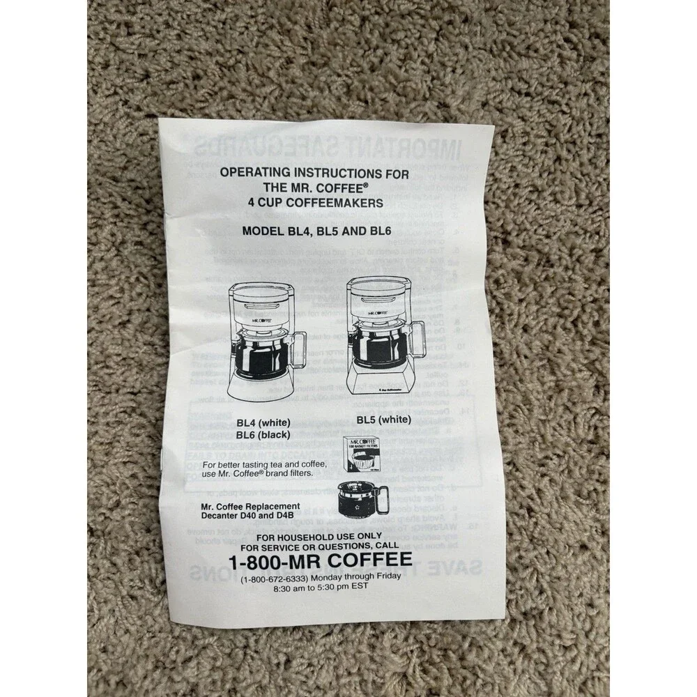 Vintage Mr. Coffee BL5 Switch Coffee Maker 4 Cup Carafe White 1999 Box & Manual